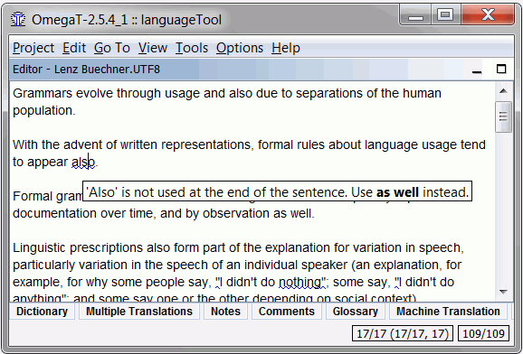 LanguageTool u programu OmegaT